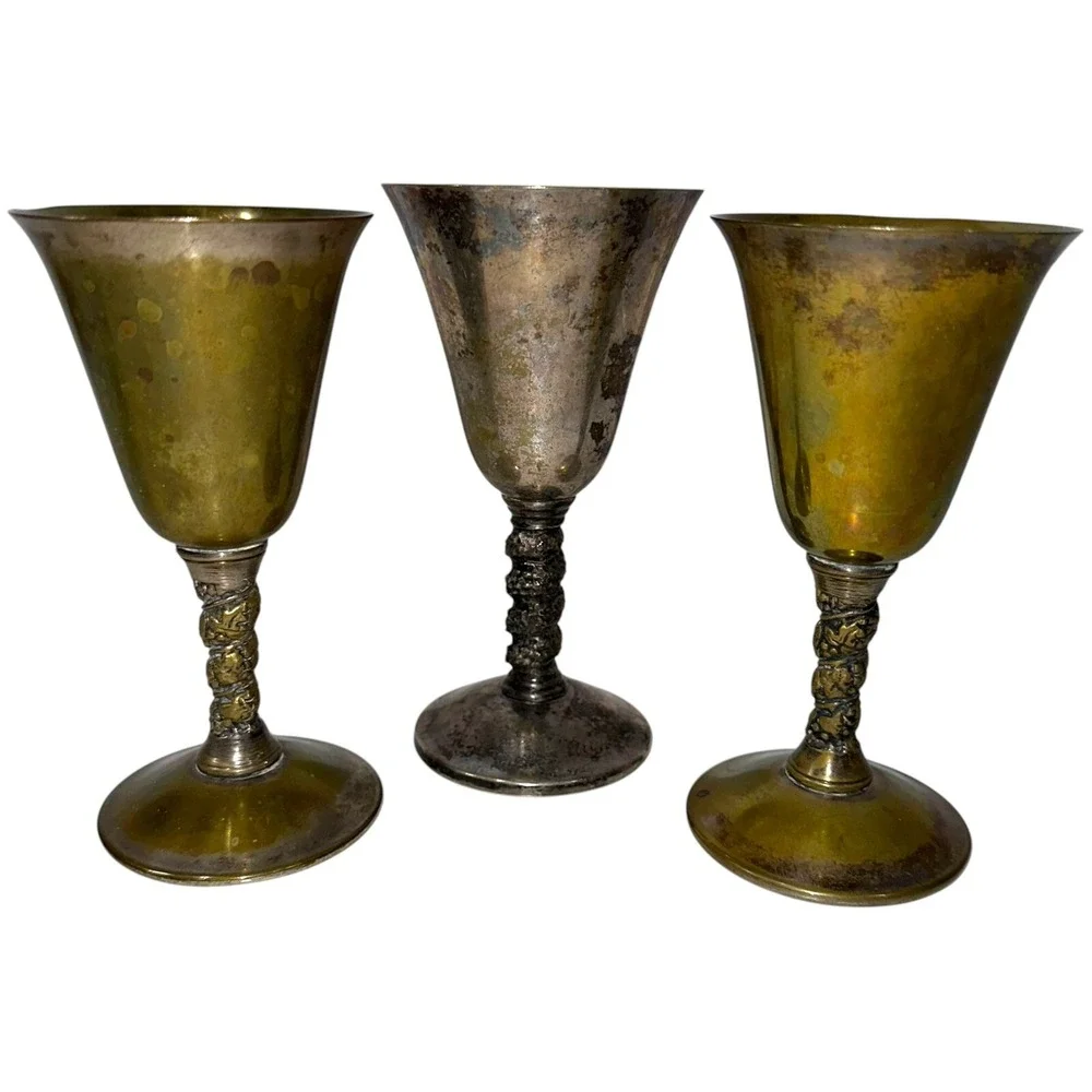 3 Vintage Brass Silver‎ Plate Goblets Made In Spain